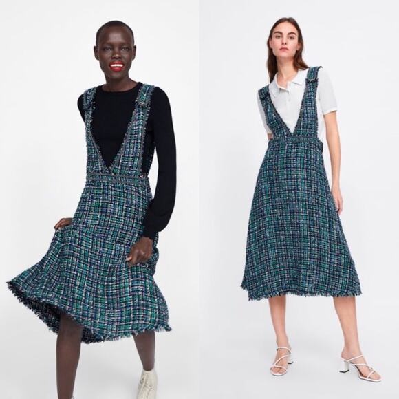 Zara Tweed Pinafore Apron Plunge Green Metallic Fringe Midi Dress
